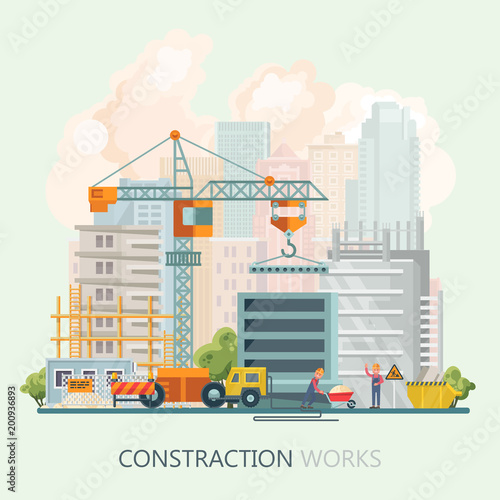 Construction vector flat illustration. Building poster in modern style. Colorful industry template