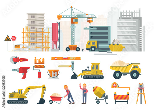 Construction vector flat illustration. Building poster in modern style. Colorful industry template