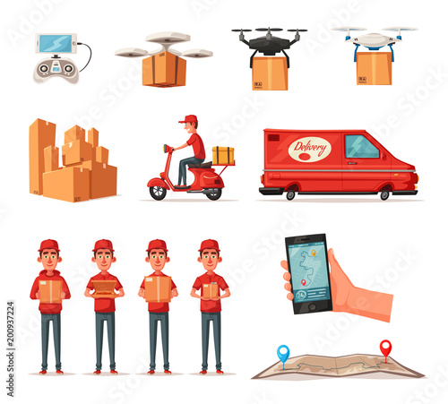 Delivery service by van, scooter, drone. Car for parcel delivery. Cartoon vector illustration