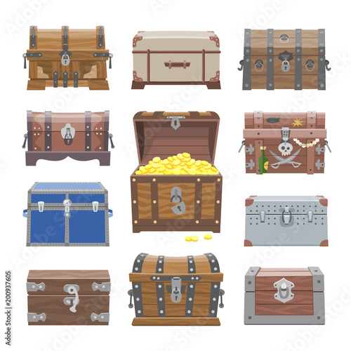 Chest vector treasure box with gold money wealth or wooden pirate chests with golden coins illustration set of closed wooden container isolated on white background