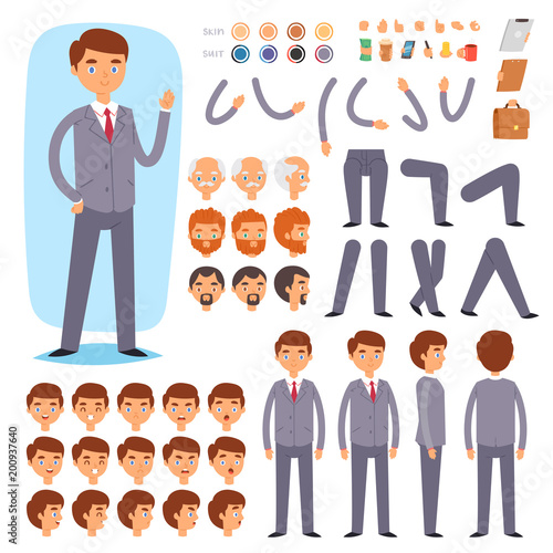 Businessman constructor vector creation of male character with manlike head and face emotions illustration set of mans body with hands legs isolated on white background