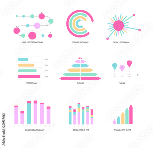 Infographic Elements Vector Set Modern Business Process Presentation. Pie Chart, Circular Bar, Linear Diargam Targeting, Development Report. Chart Graphic Business Statistics Cool Infographic Template photo