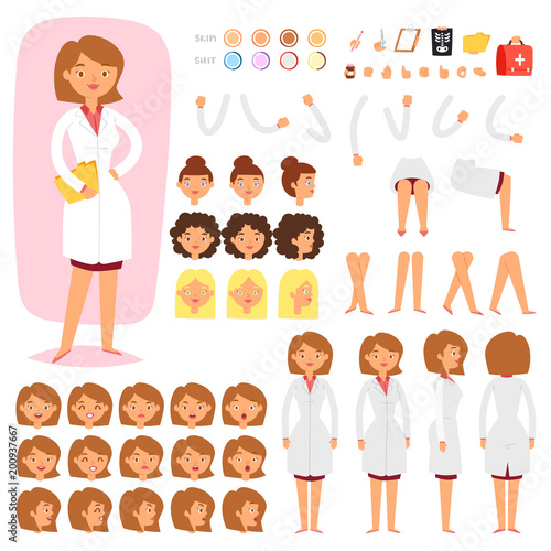 Doctor constructor vector creation of female medical character head and face emotions illustration set of hospital person body with hands legs construction isolated on white background