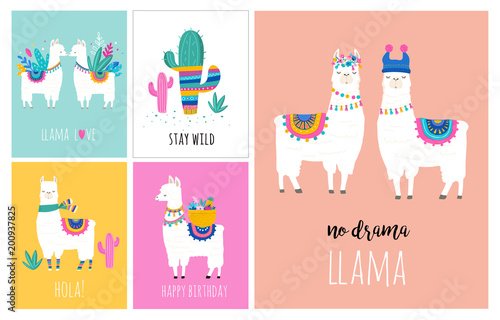 Llama and alpaca collection of cute hand drawn illustrations, cards and design for nursery design