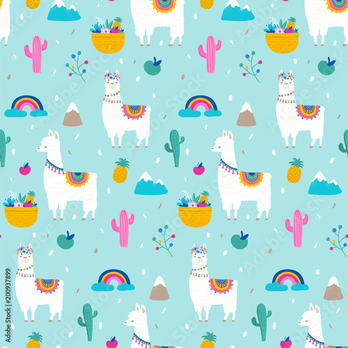 Llama, alpaca, cactuses and leaves seamless pattern