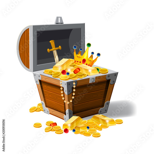 Old pirate chest full of treasures, gold coins, ingots, jewelry, crown, dagger, vector, cartoon style, illustration, isolated. For games, advertising applications