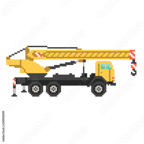 Yellow crane truck in 8 bit game style. Pixel color vector illustration isolated on white background. Construction building machinery