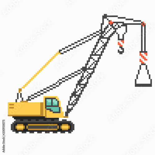Yellow industrial truck machinery with crane in 8 bit game style. Pixel color vector illustration isolated on white background. Construction building machinery