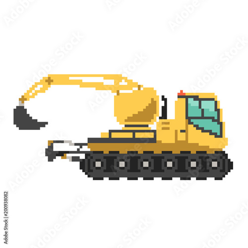 Yellow excavator in 8 bit game style. Pixel color vector illustration isolated on white background. Construction building machinery