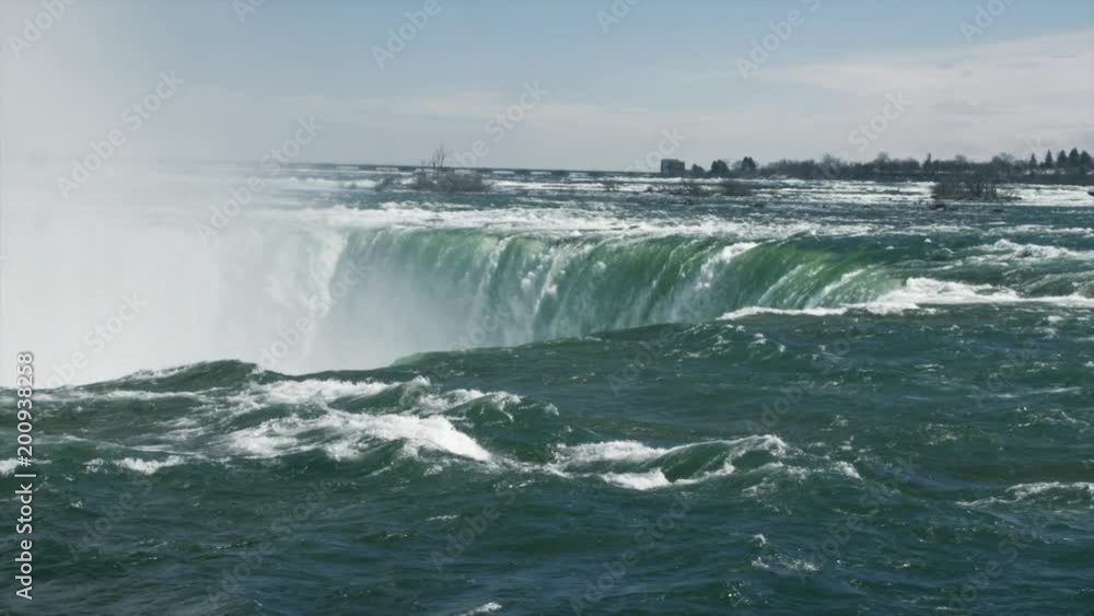 Water flowing over falls into river. Water flowing over falls into river.