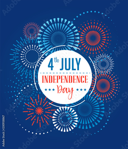 4th of July, American Independence Day celebration background with fireworks, banners, ribbons and color splashes photo
