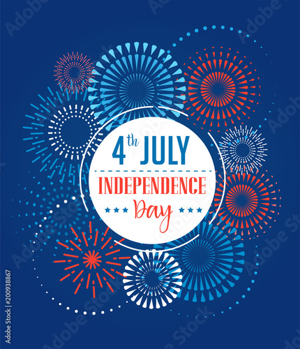 4th of July, American Independence Day celebration background with fireworks, banners, ribbons and color splashes