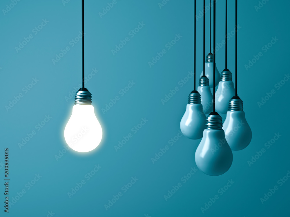 One hanging light bulb glowing and standing out from unlit bulbs on dark green pastel color background. 3D rendering. - obrazy, fototapety, plakaty 