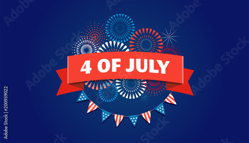 4th of July, American Independence Day celebration background with fireworks, banners, ribbons and color splashes