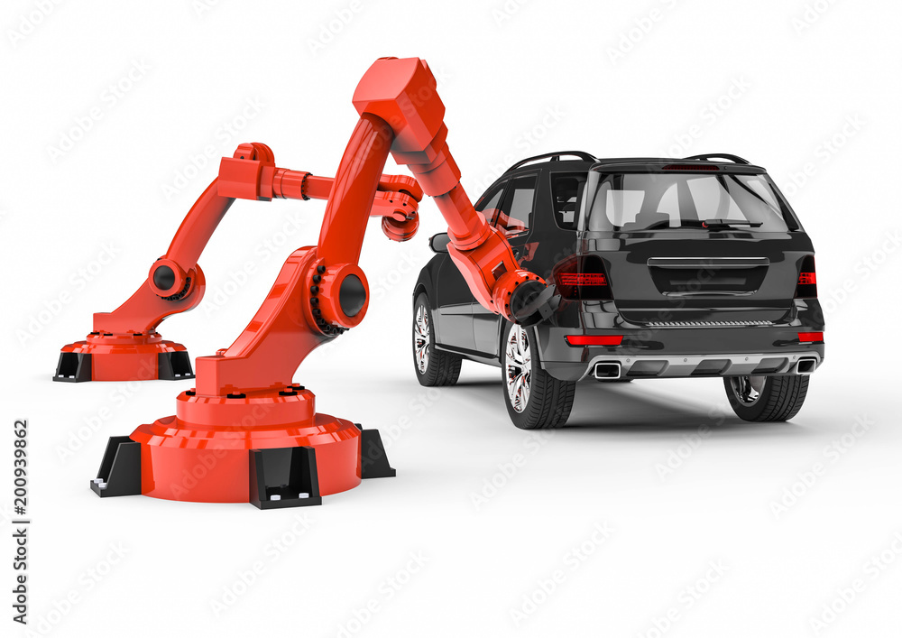Automotive robots in a factory line / 3D render image representing a factory line with automotive robots and cars Automotive robots in a factory line / 3D render image representing a factory line with automotive robots and cars