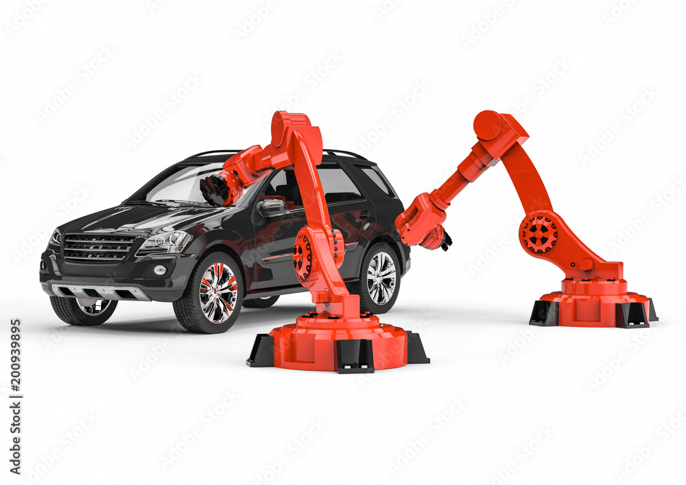 Automotive robots in a factory line / 3D render image representing a factory line with automotive robots and cars