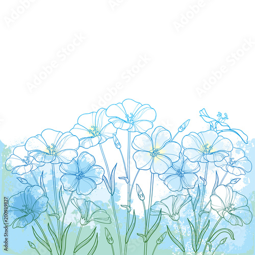 Vector bouquet with outline Flax plant or Linseed or Linum flower bunch, bud and leaf in blue on the textured pastel background. Ornate contour Flax in pastel blue for summer design. 