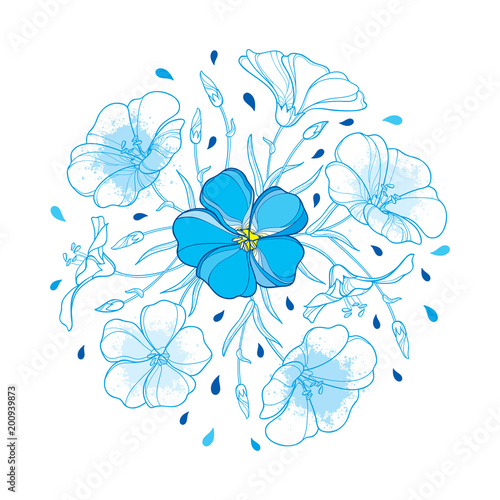 Vector round bouquet with outline Flax plant or Linseed or Linum flower, bud and leaf in pastel blue isolated on white background. Ornate contour Flax bunch for summer design. 