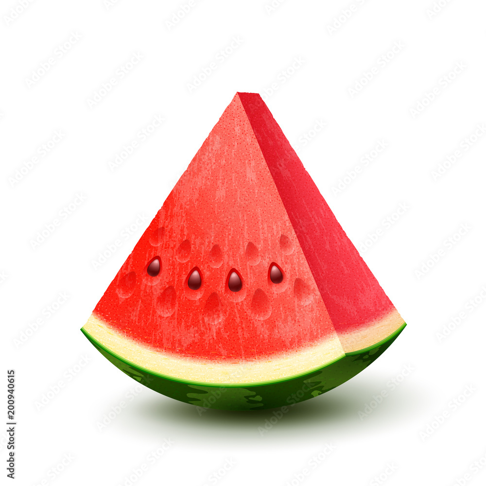 Vector realistic fresh fruit watermelon piece isolated on white background. Illustration of 3d ripe juicy red watermelon slice with pits Vector realistic fresh fruit watermelon piece isolated on white background. Illustration of 3d ripe juicy red watermelon slice with pits