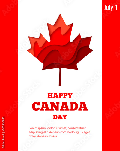 Happy Canada Day vector holiday poster with red paper cut canada maple leaf. 1th of July celebration banner on Canada flag background