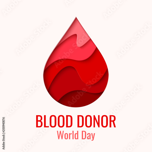 World Blood Donor Day vector background. Awareness poster with red paper cut blood drop. 14 june. Hemophilia day concept