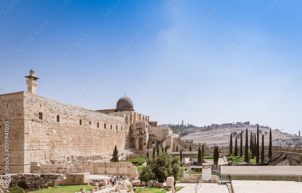 Jerusalem old city. Temple mount, Al aqsa mosque and Olive mount are christian muslim and jewish holy places.