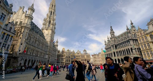 Brussels Bruxelles Belgium - April 2018 :  Brussels Bruxelles Central Square. 
City Center Time Lapse / Hyperlapse.  Grand Place in Brussels.