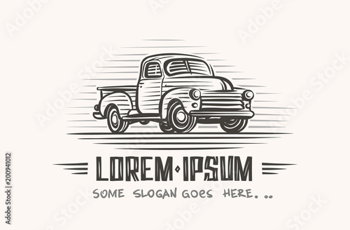 Retro vintage pickup truck illustration. Text outlined, only for preview. Layered. Vector. 