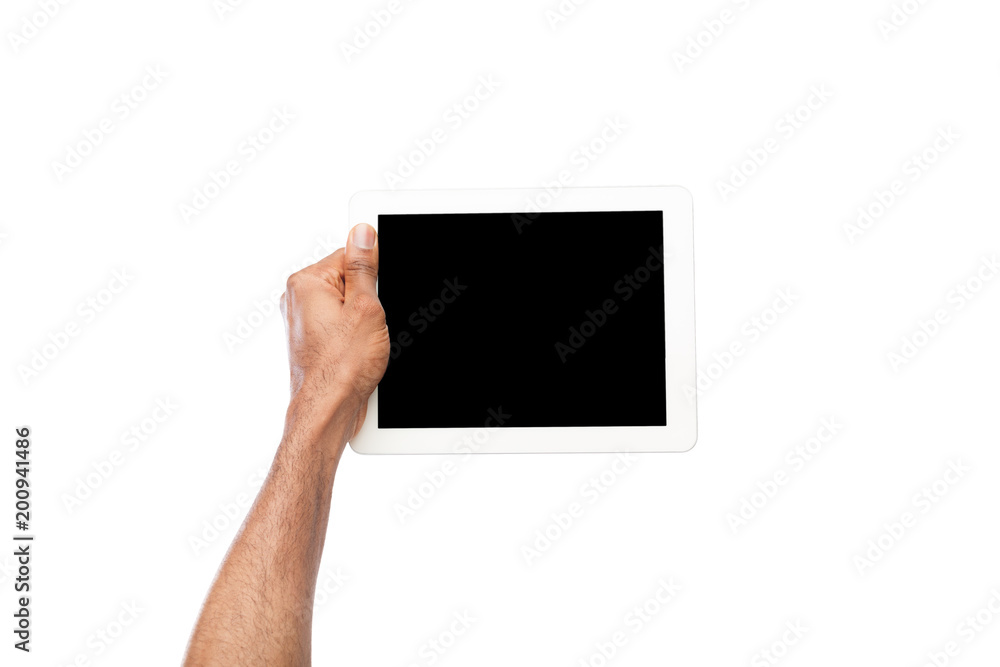 Black man holding digital tablet isolated on white background Black man holding digital tablet isolated on white background