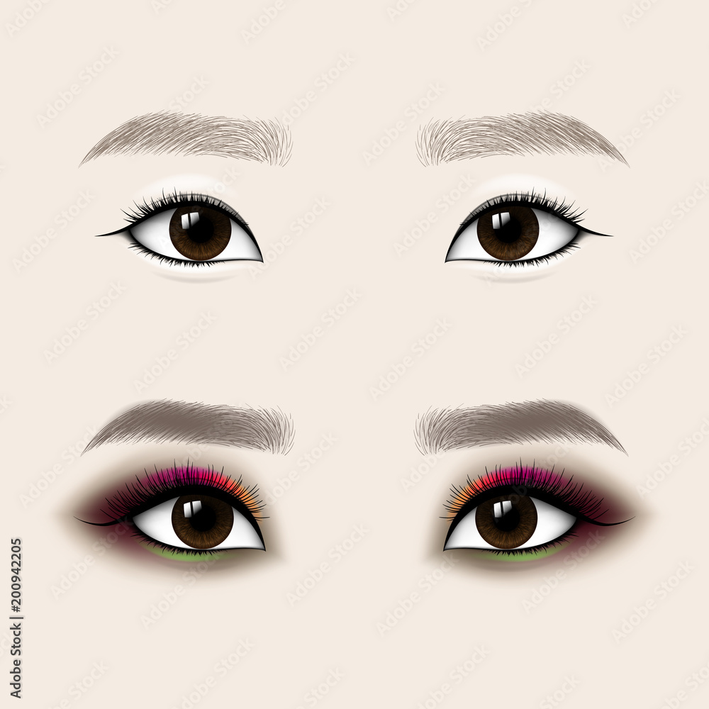 Fototapeta premium Beautiful Asian Woman Eyes and Brows. Before and after make-up. Vector illustration.