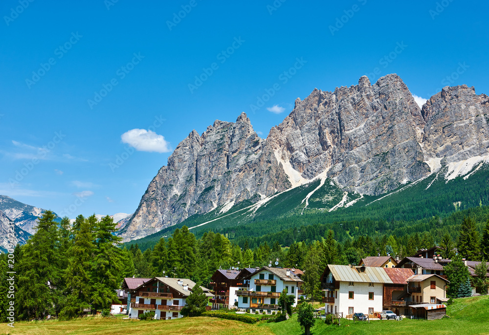 Fototapeta premium Cortina D'Ampezzo with Pomagagnon mount at Dolomites in Italy, South Tyrol.
