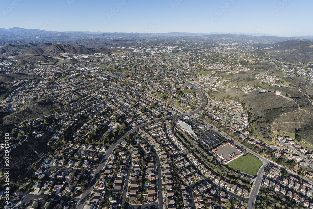 Aerial view of suburban Newbury Park and Thousand Oaks near Los Angeles, California.