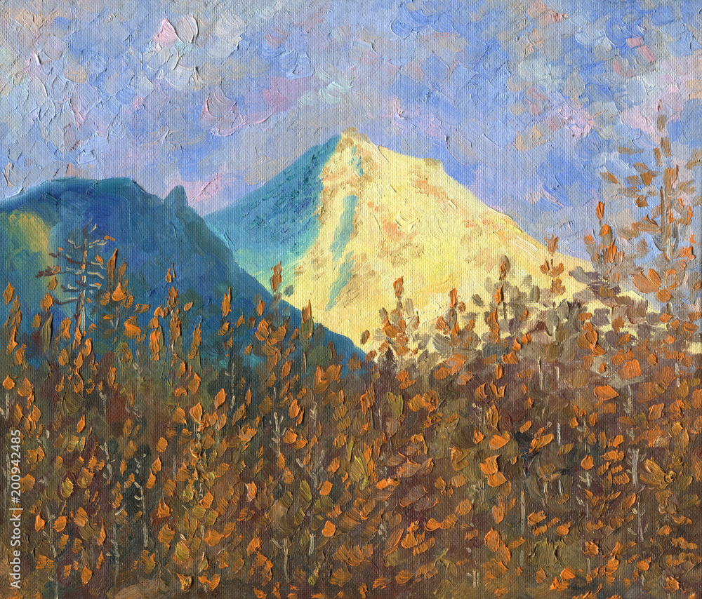 Oil Painting on canvas. Big snowy mountain in the sun at dawn. Blue and milky sky with clouds. In the foreground there is a dark hill and a pine forest. Rough texture of large brush strokes.
