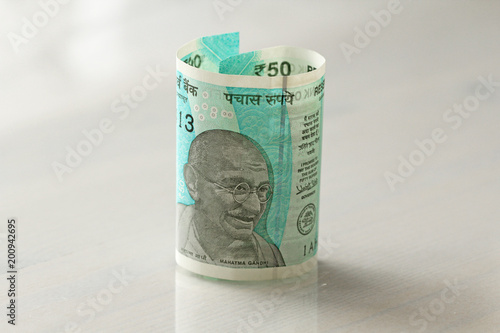 A new banknote of India with a denomination of 50 rupees. Indian currency. Portrait of Mahatma Gandhi