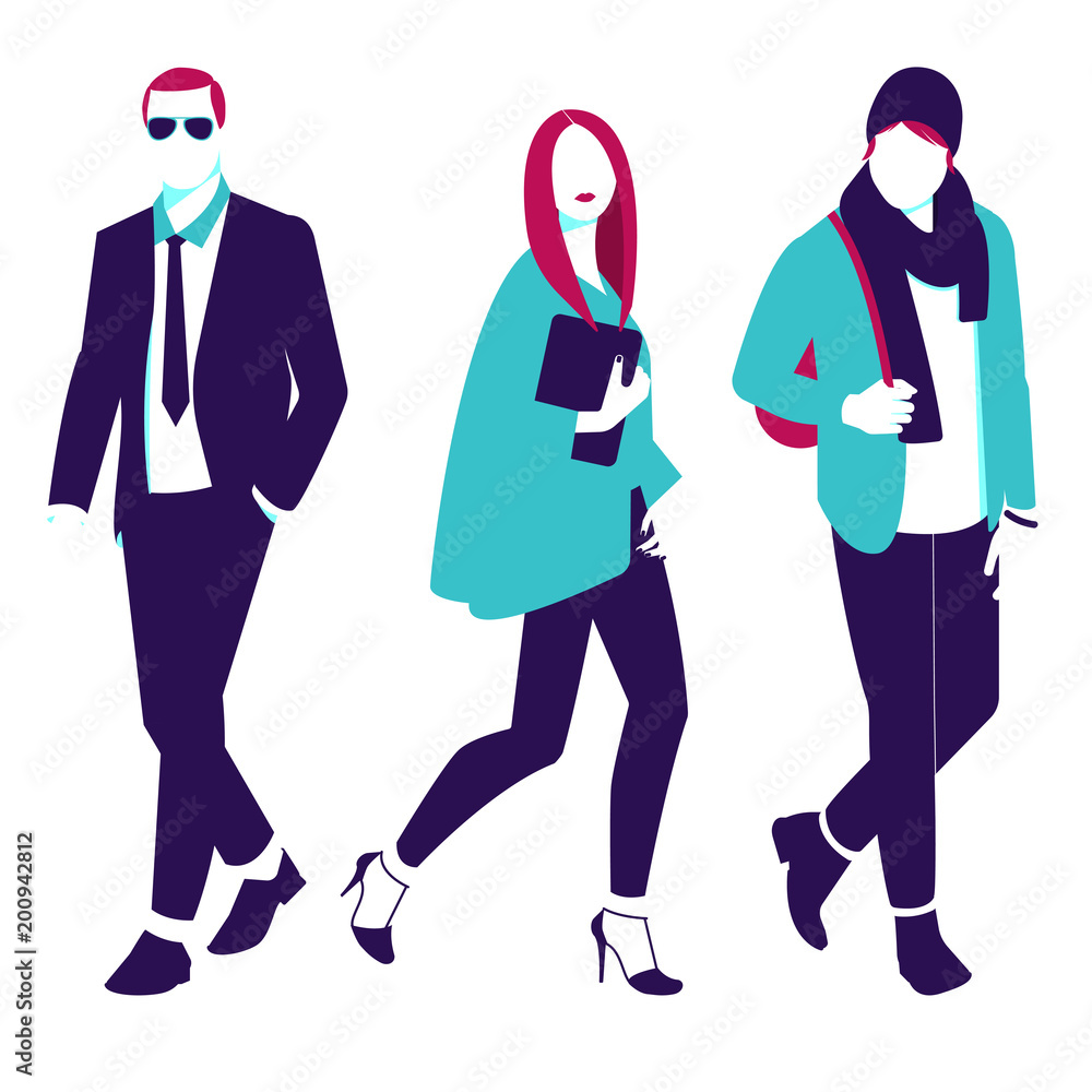 Three fashionably dressed people are walking. Fashionable vector flat illustration, drawn with the use of negative space, empty space.