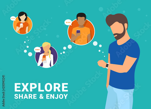 Man using his smart intelligence watch and sending messages to friends via messenger app. Flat illustration of instant texting and data sharing with friends via messenger mobile app