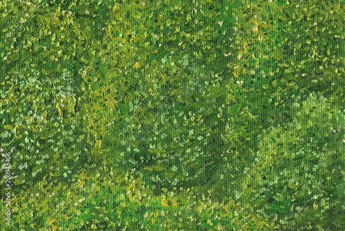 Oil Painting on canvas. Green deciduous forest on a sunny summer day. Rough texture of large brush strokes.