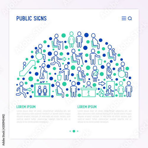 Public signs concept in half circle thin line icons: information stand, fire or emergency exit, use trash can, seats for pregnant women, disabled, elderly people, elevator, WC. Vector illustration.