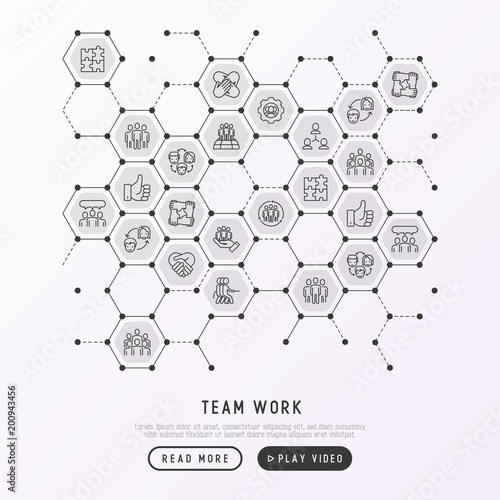 Teamwork concept in honeycombs with thin line icons: group of people, mutual assistance, meeting, handshake, tug-of-war, cooperation, puzzle, team spirit, cooperation. Modern vector illustration.