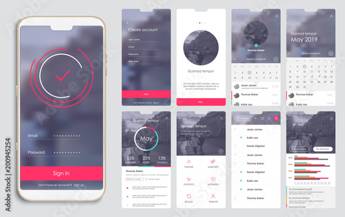 Design of the mobile application, UI, UX. A set of GUI screens with login and password input, home page, news feed, rating and statistics, settings.
