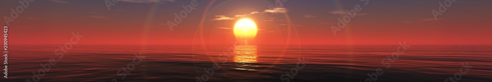 Fototapeta panorama morze zmierzch, denny wschód słońca, światło nad woda, seascape z słońcem i wodą, 3D rendering