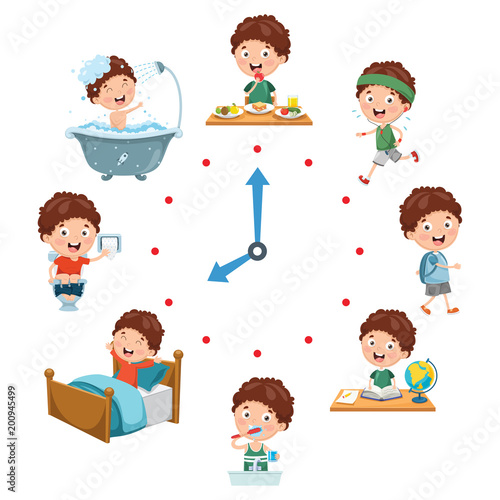 Vector Illustration Of Kids Daily Routine Activities