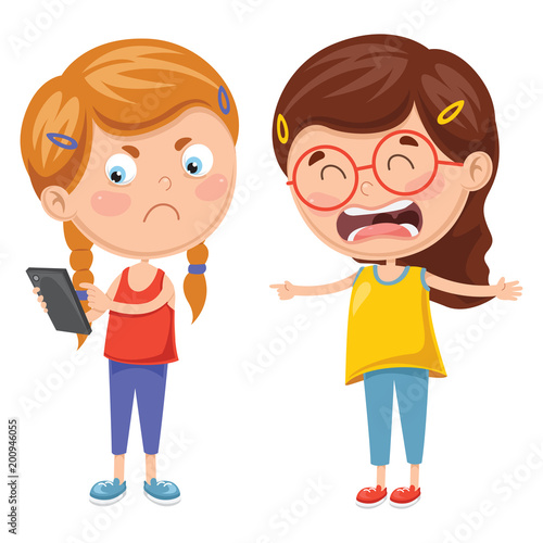 Vector Illustration Of Kids Fighting For Smartphone