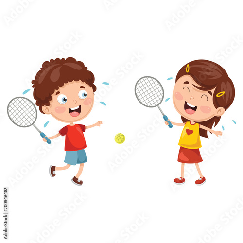 Vector Illustration Of Kids Playing Tennis