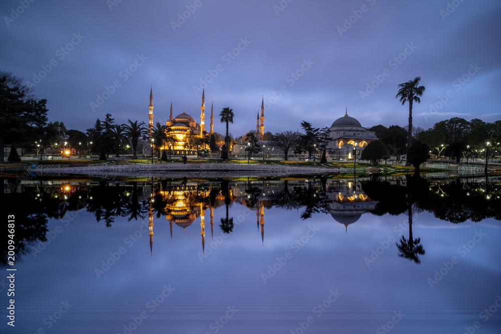 Istanbul, Turkey. Sultan Ahmet Camii named Blue Mosque turkish islamic landmark with six minarets, main attraction of the city.