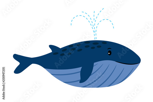 Cartoon Whale. Vector illustration of swimming whale with water fountain blowhole blow or spout spray