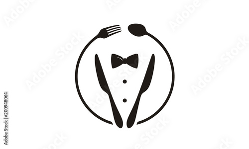 Bow Tie Gentleman Tuxedo Suit Knife Spoon Fork Dinner Restaurant Waiter or Butler logo design