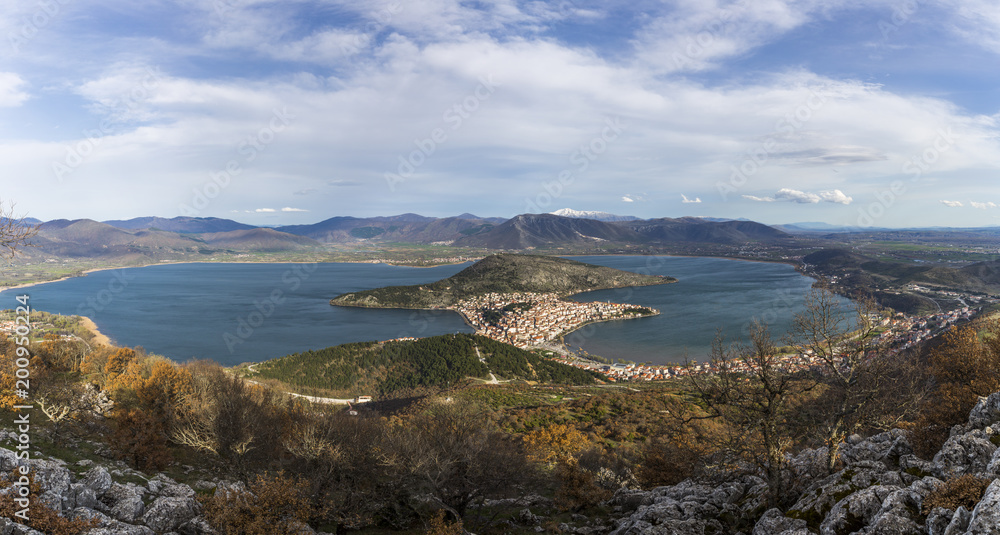 Aerial view of Kastoria city and Orestiada lake