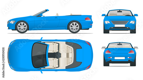 Transfer, Cabriolet car. Cabrio coupe vehicle template vector isolated on white. View front, rear, side, top. All elements in groups