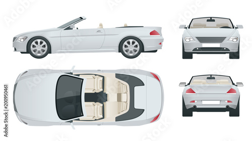 Transfer, Cabriolet car. Cabrio coupe vehicle template vector isolated on white. View front, rear, side, top. All elements in groups